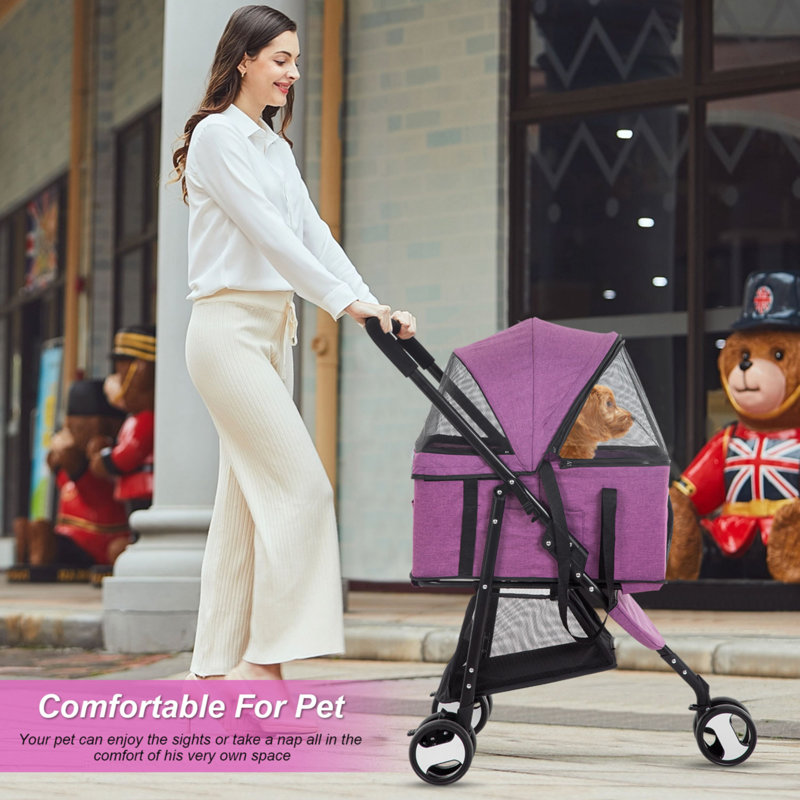 Purple 3-in-1 Stainless Steel Pet Stroller with Detachable Carrier
