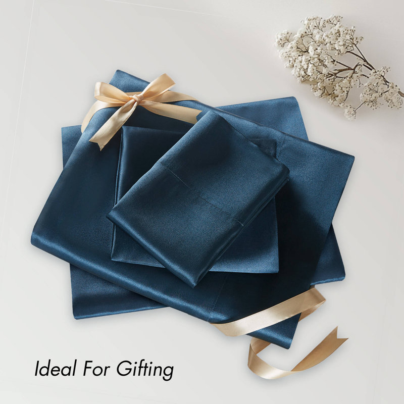 Satin Wrinkle Resistant Luxury Sheet Set, Full Sheet Set + 4 Standard Pillowcases, Midnight Blue
