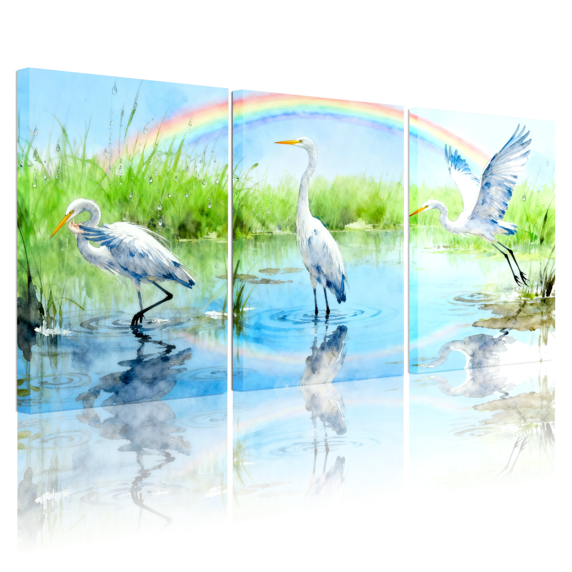 Red Barrel Studio White Herons in Rainbow Landscape Canvas Wrapped Wall ...