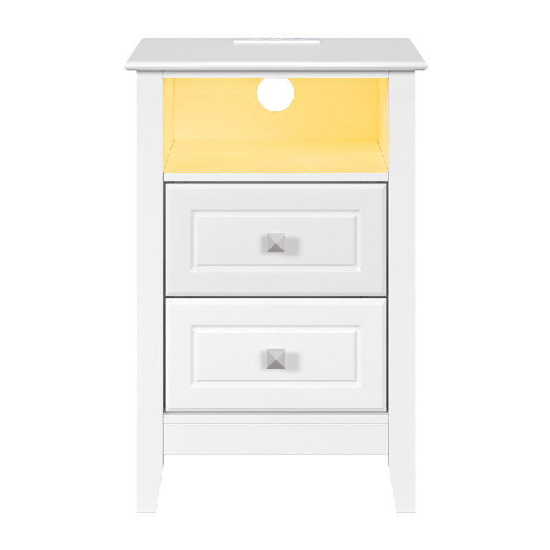 15.75 Inch 2 Drawer Vredenburgh With Shelf Power Outlets And RGB LED Lights, White