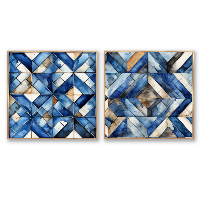 Dagney - Ensemble de 2 collages de formes carrées abstraites, H 16 po x l 33 po, Cadre flottant doré