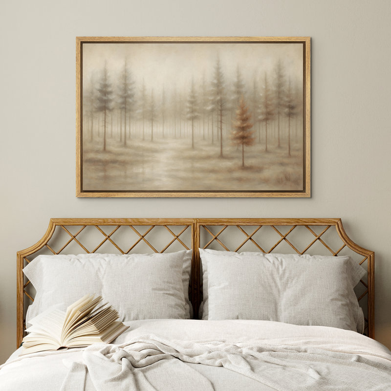 «Misty Pine Forest Neutral Landscape», reproduction d'art sur toile encadrée, H 24 po x l 36 po, Naturel