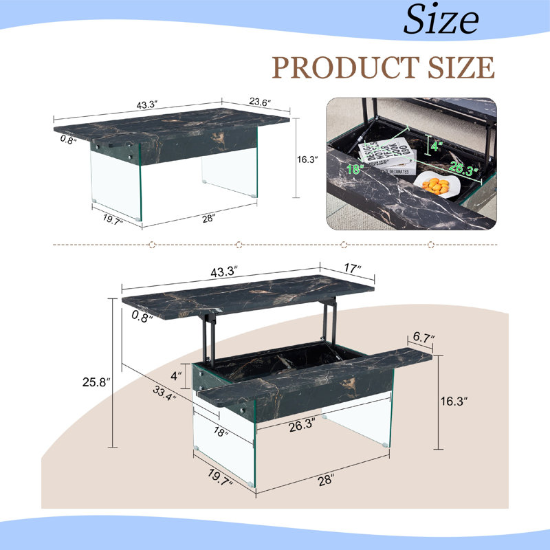 Table basse à plateau relevable avec grain de bois et pieds en verre, Noir, noir, noir, noir