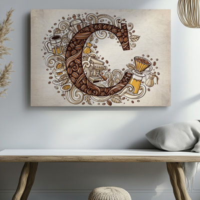 La toile crée une illustration fantaisiste mettant en vedette une grande lettre C stylisée au centre, composée de diverses toiles