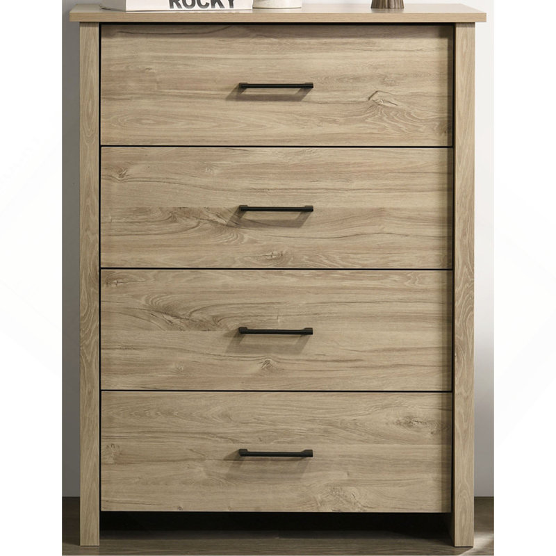 Commode 4 tiroirs avec poignées, Chêne clair