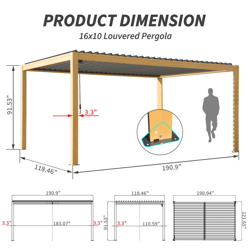 Pergola d'extérieur en aluminium avec toit à persiennes l 16 pi x P 10 pi, Brun