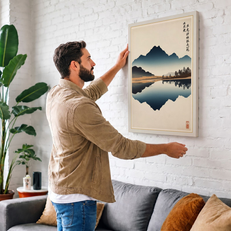 Mountain Reflection Japandi 1 Piece Wrapped Canvas Wall Art, 18x12 - 45.7 x 30.5 cm, Taupe Border