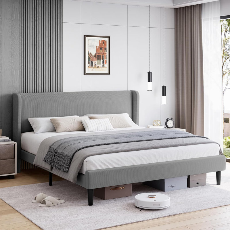 King Size Upholstered Bed Frame with Headboard, Wood Slat Support, Sturdy Metal Legs, No Box Spring Needed, Modern Platform Bed, Beige