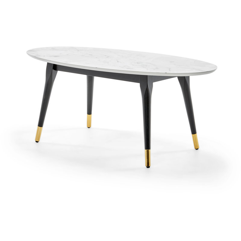 Elle Decor Clemintine Mid-Century Modern Oval Coffee Table with Brass Accents, Marble Print