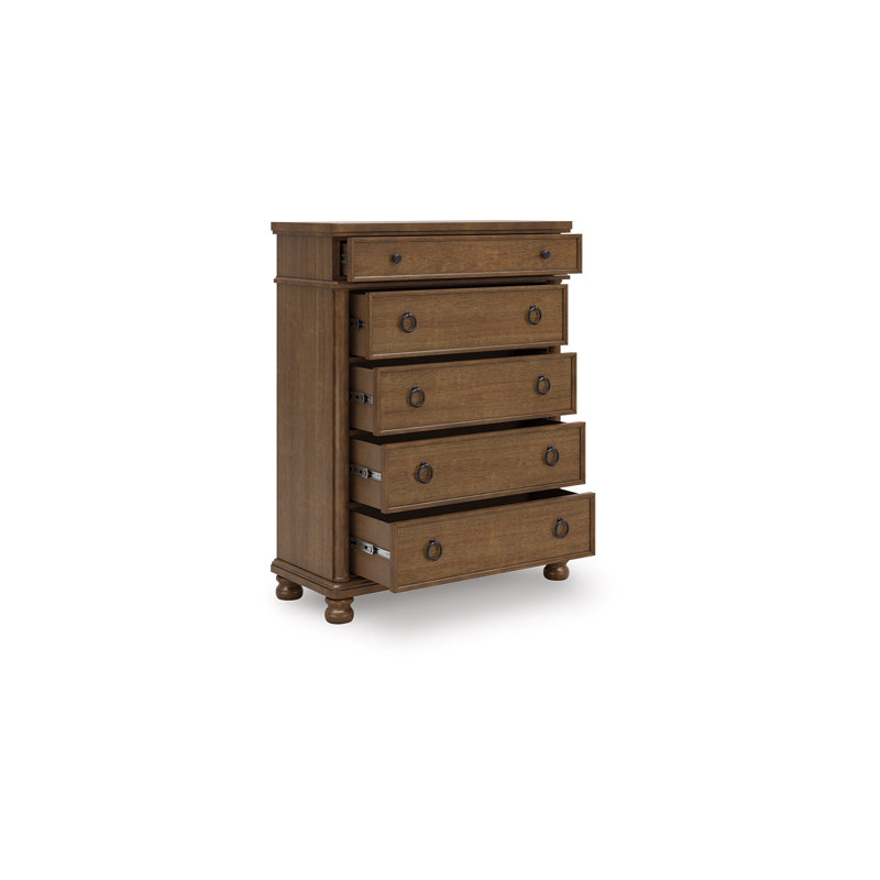 Commode haute Rowy, 5 tiroirs, poignées gris étain, brun classique