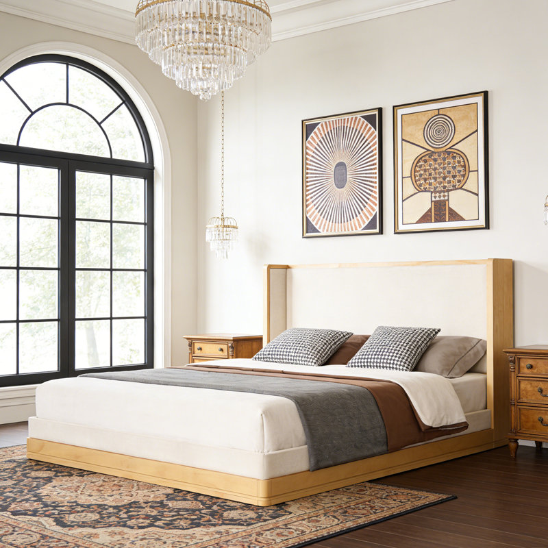 Grand lit plateforme tapissier avec tête de lit pour la chambre à coucher, Grand lit