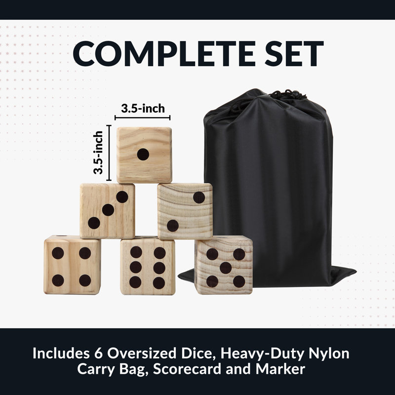 Hathaway High Roller Yard Dice Set – 6 Oversized 3.5-in Pine Wooden Dice with Heat-Stamped Pips & Smooth Beveled Edges Plus Heavy-Duty Nylon Carry Bag for Outdoor Game Nights – Natural Finish