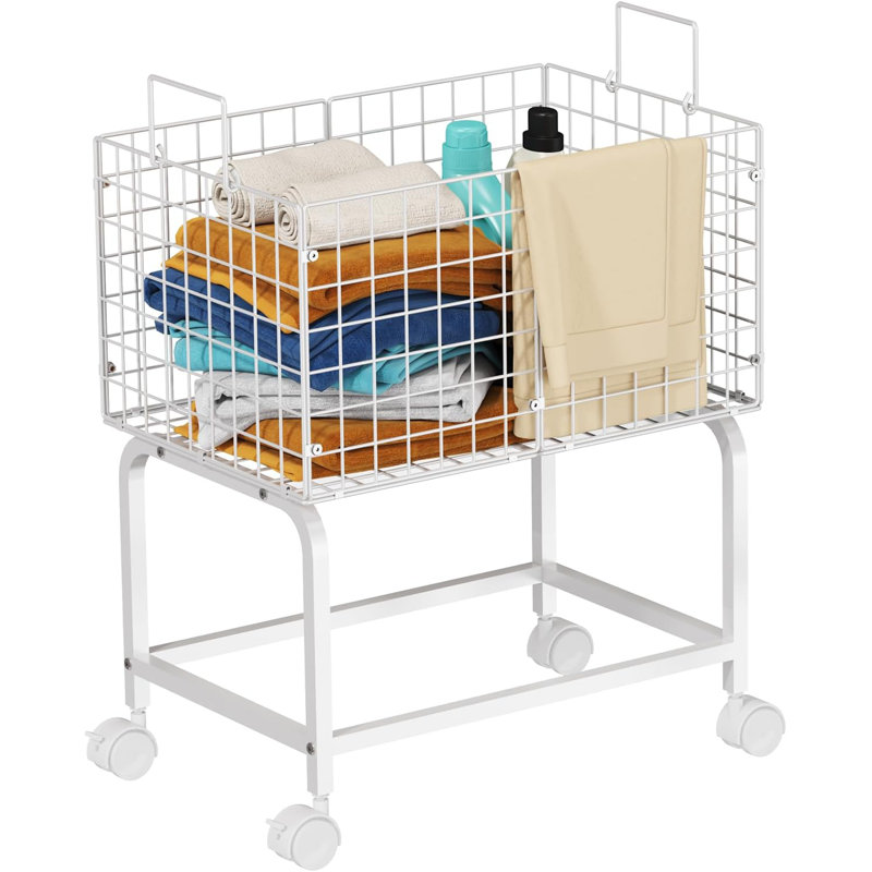 Wire Laundry Hamper Cart on Wheels, Pull Handle, White, Large 23.6 x 15.75 x 28 Inch