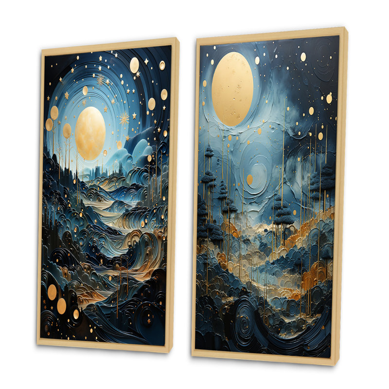 «Gold Blue Uranus Moonlight Mirage», 2 pièces, Encadrement brun, H 32 po x l 32 po