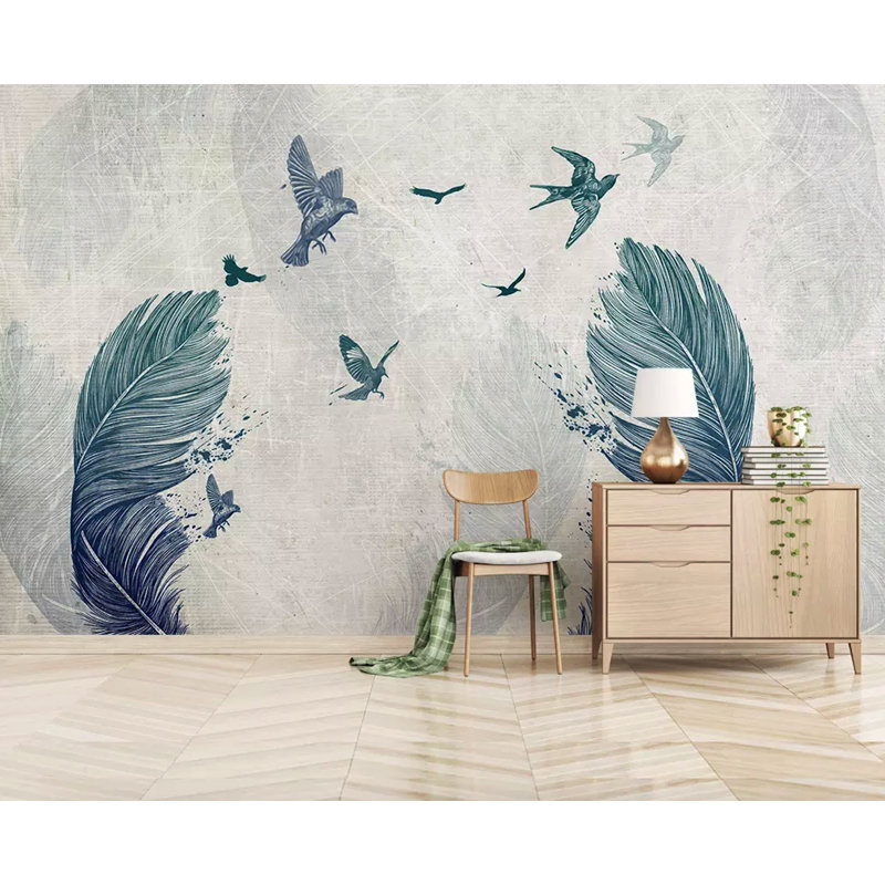 Adhésif mural plume monochrome avec oiseaux, L 6,25 pi x l 9,33 pi
