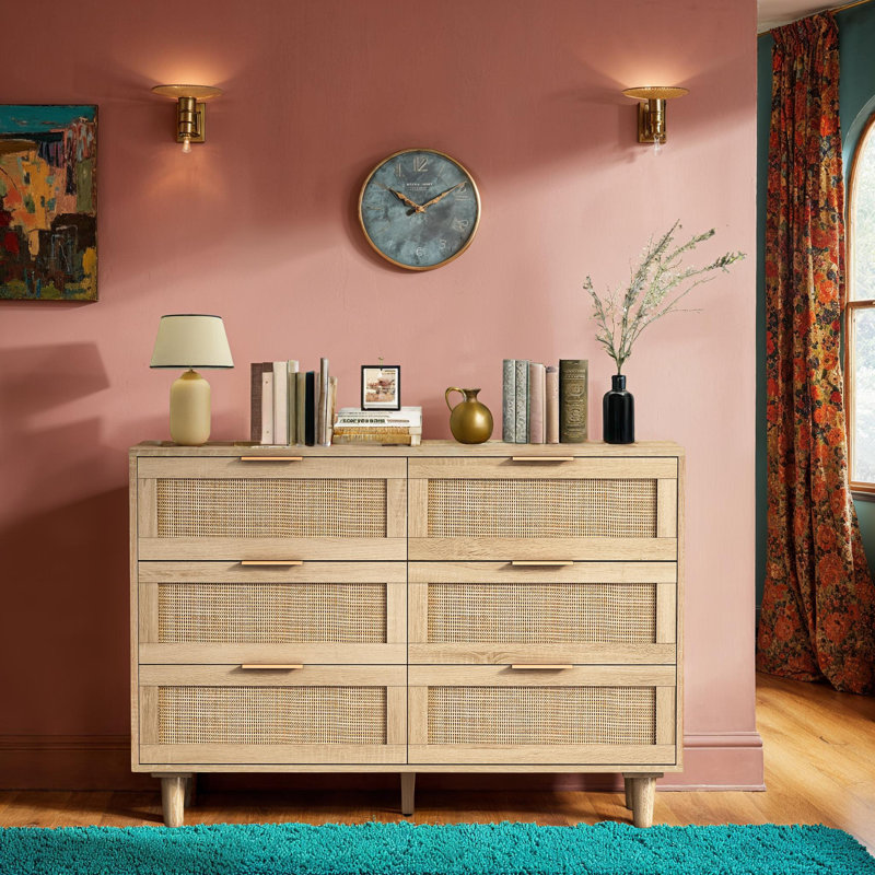 6-Drawers Rattan Storage Cabinet Rattan Drawer, 29.53" H x 43.31" W x 15.75" D, Brown