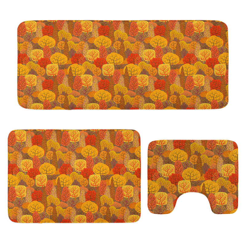  Burnt Orange Bathroom Rug Set 3 Pieces U-Shape & Rectangle Mats Multicolor