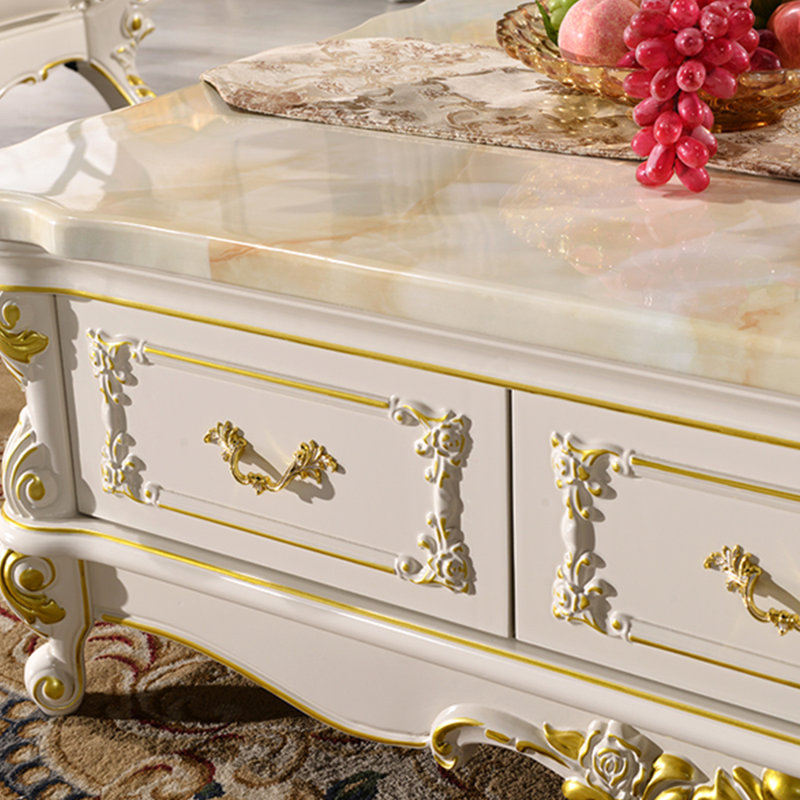 Table basse en chêne avec plateau en marbre, H 18,89 po x L 70,86 po x l 39,37 po, Blanc / orange