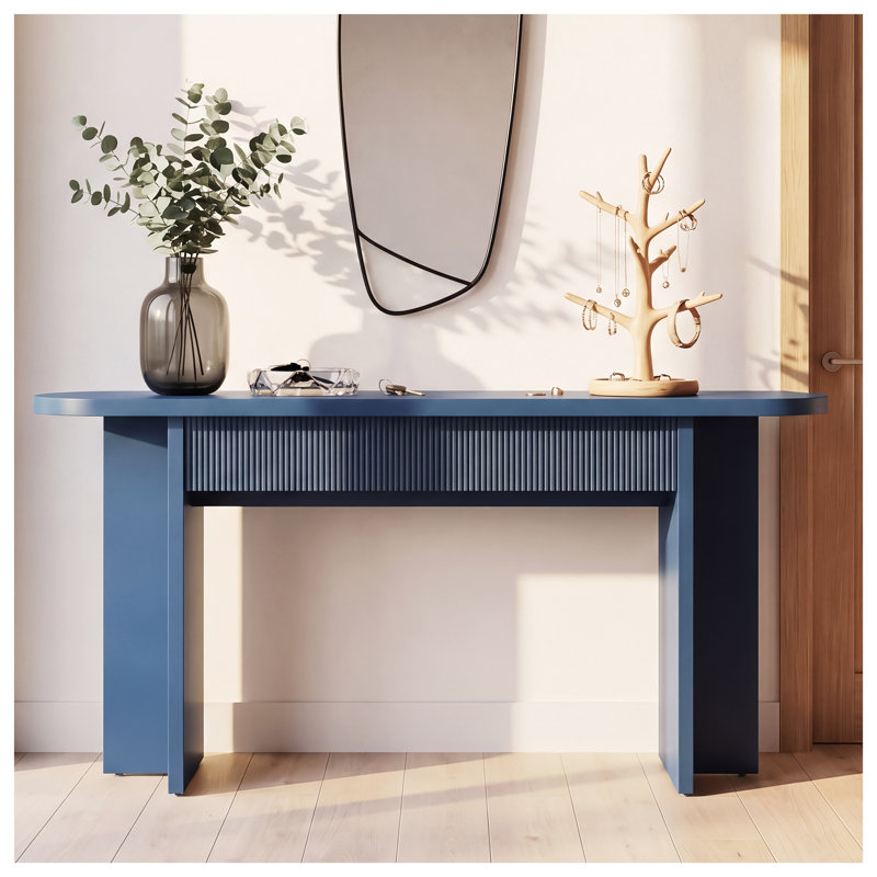 OMCHOM Console de style Mid-Century moderne de 63 pouces avec 2 tiroirs, table d'entrée cannelée en bleu
