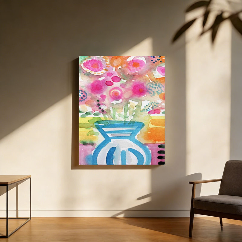 Vase bleu de fleurs, art mural encadré en bois à l'arrière, 30 L x 20 l