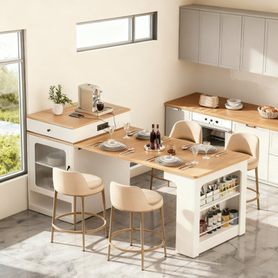 Extendable Storage Kitchen Island with Double-sided Storage and Power Outlet