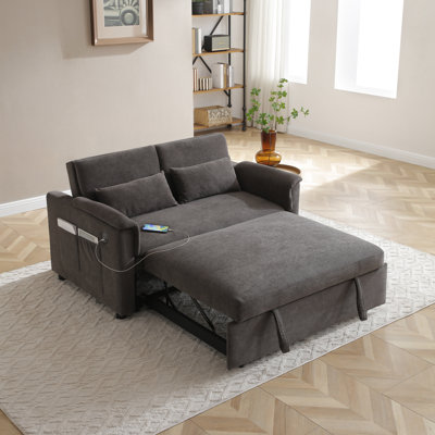 55" Velvet Two Seater Pull Out Sofa Bed, Adjustable Backrest With USB Ports, Two Side Pockets, 3 In 1 Convertible Sleeper Sofa Bed, Modern Love Seat by Ebern Designs