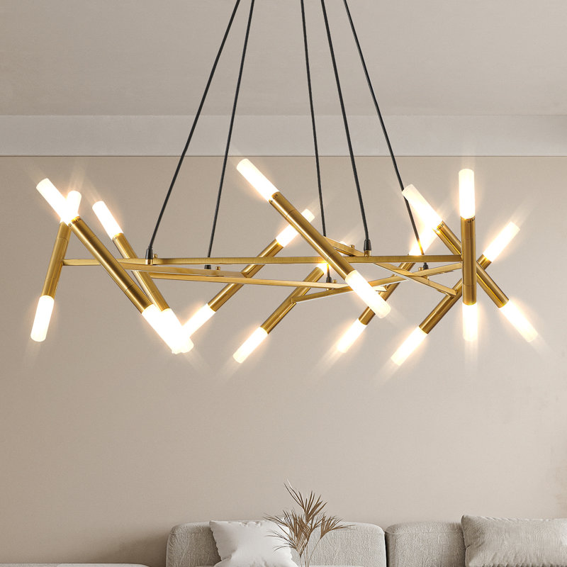 Lustre moderne doré de 41 po - Branche avec tubes givrés, cordons noirs, hauteur réglable pour la salle à manger, le salon ou la cuisine (ampoule exclue)