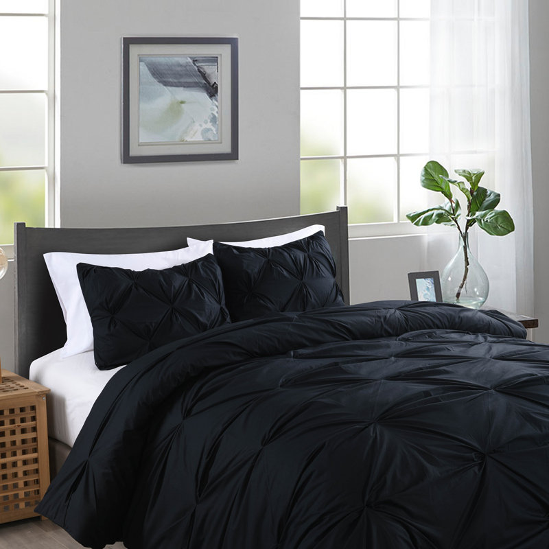  Ensemble de housse de couette Pintuck, Housse de couette double / grand + 2 taies décora, Noir