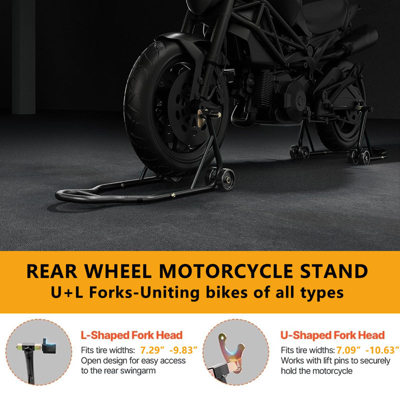 Heavy-Duty Motorcycle Front & Rear Paddock Stand Lift Set, 850 lb Capacity, Adjustable U & L Fork Heads for Swingarm Spools, Steel Frame, Non-Slip Support & Casters - 2-Piece