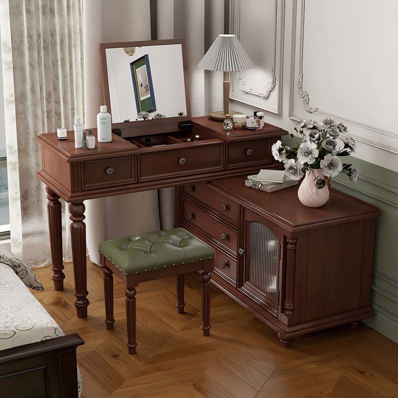 Armoires de meuble-lavabo et de rangement 47,24 "en bois d'hévéa rétro avec rallonge et tabouret de maquillage