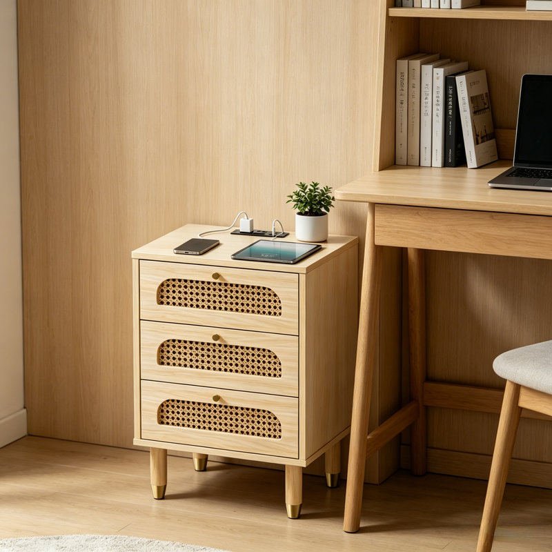 Table de chevet bohémienne à tiroir en rotin, table de chevet à trois tiroirs avec prise de charge, port USB, armoire de rangement de chevet multifonctionnelle pour chambre à coucher, 12 * 11 * 22 pouces