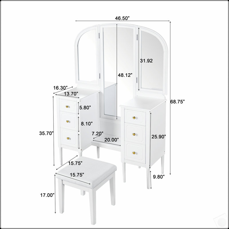 Bureau de coiffeuse à maquillage antique blanc avec miroir triple, ensemble de coiffeuse à 6 tiroirs avec tabouret, miroir pleine grandeur pour chambre à coucher