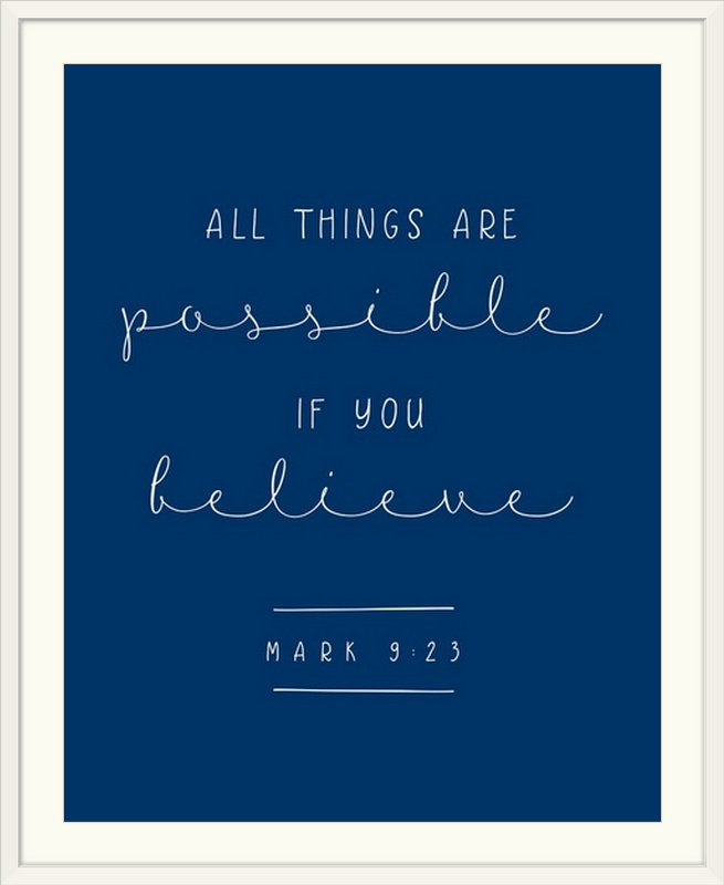 « mark 9:23-scripture art », art textuel, H 38 po x l 32 po x P 1 po, Cadre blanc