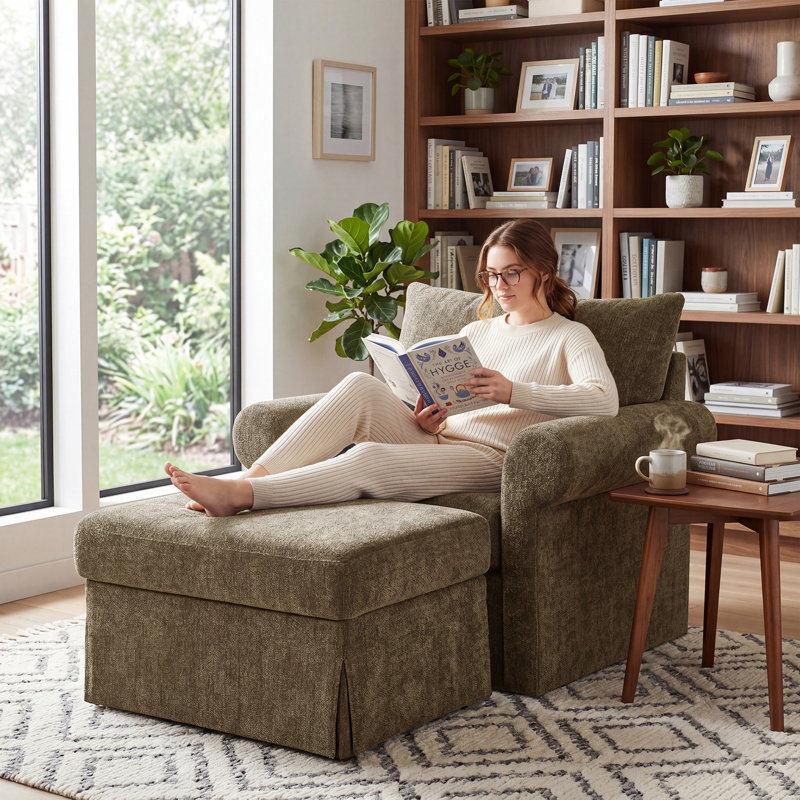 Large fauteuil d'appoint en chenille avec repose-pieds, canapé rembourré ergonomique simple pour salon, Brown