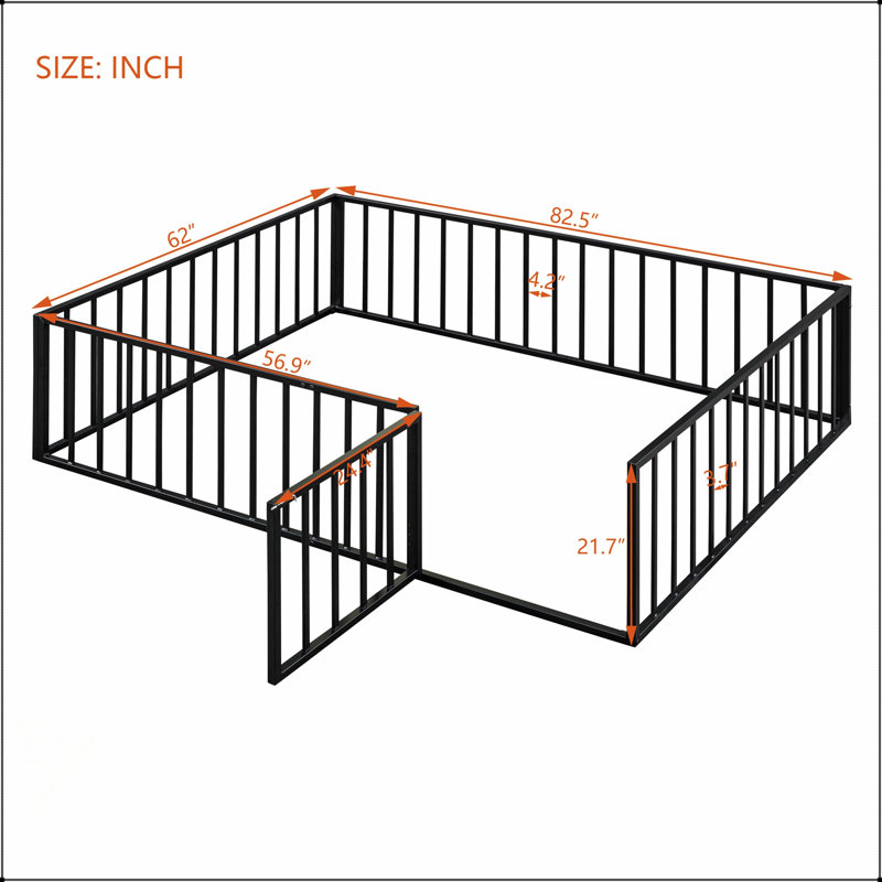Queen Size Metal Floor Bed Frame With Fence And Door, Perfect For Customizable And Multi-Functional Living Spaces, Black