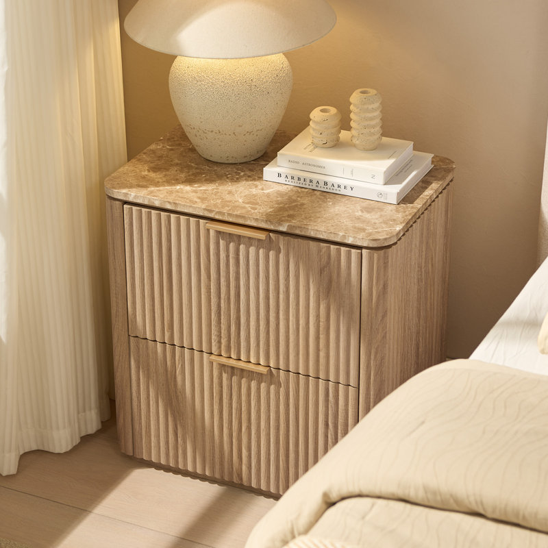  Nightstand with 2-Drawer, Wood  Fluted Bedside Table with 1.97"-Thick Side Panels and Faux Marble Top, Oak, Individual