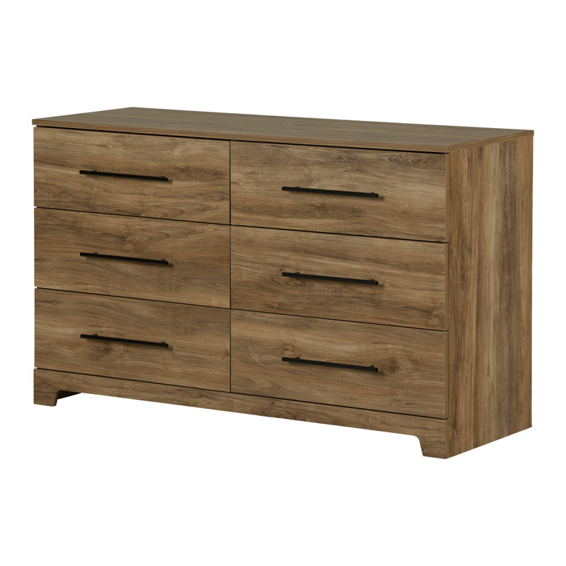 Brown Double 6-Drawer Horizontal Dresser with Metal Handles