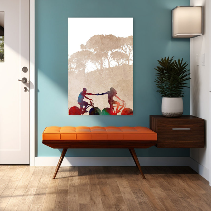 «Biking Couple main dans la main», art contemporain coloré, paysage contemporain, 48" H x 32" W
