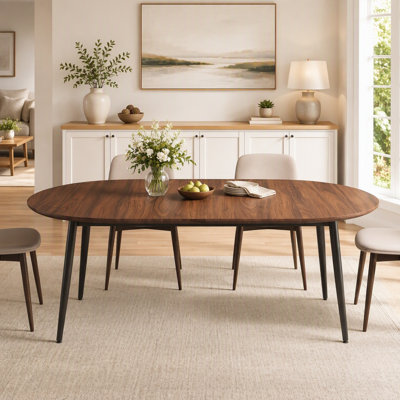 Table de salle à manger extensible 3-en-1, table de cuisine ovale de 39,4 po à 71 po, 2 à 8 places, plateau en grain de bois de noyer moderne avec bord biseauté de 1,2 po et pieds en acier au carbone thermolaqué, table compacte pour la maison