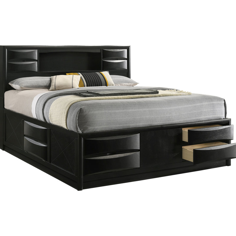 Lit plateforme très grand avec rangement transitionnel et porte escamotable pour article dans la tête de lit