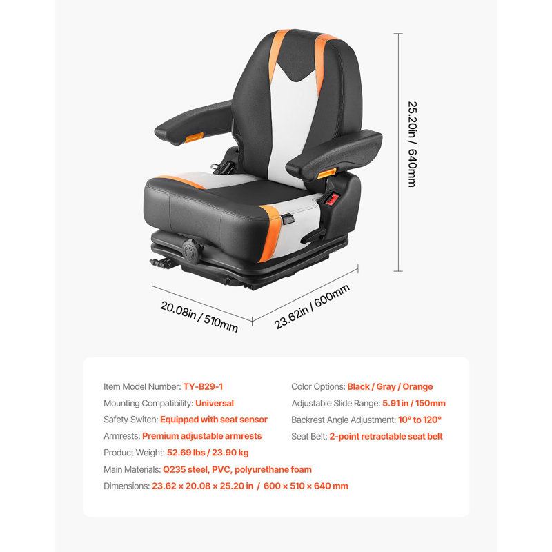 Universal Forklift Seat Fold Down Tractor Suspension Seat Adjustable Back