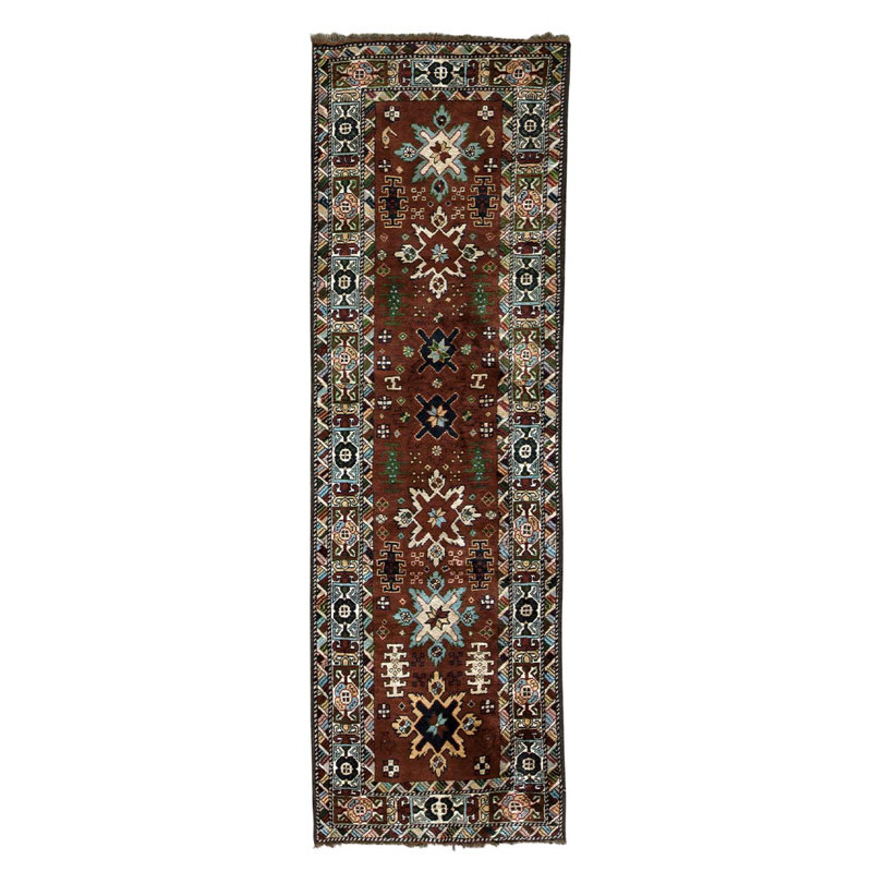 Tapis de couloir oriental en laine noué à la main de 2 pi 6 po x 9 pi 1 po rouille / blanc / bleu