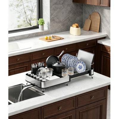 Expandable Stainless Steel Dish Rack for Kitchen Counter with Auto Drain Cutlery Holder Non Slip Feet