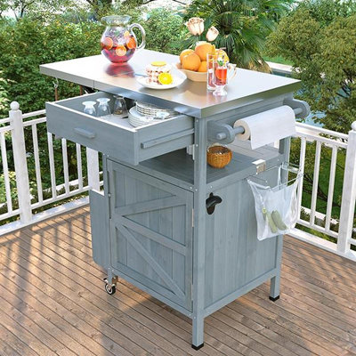 Chariot de barbecue extérieur de 40,5 po avec plateau en acier inoxydable, armoire de rangement d'extérieur en bois massif avec abattant, un tiroir, porte-serviettes, chariot de cuisine roulant avec roues verrouillables pour jardin gazonné, bleu gris
