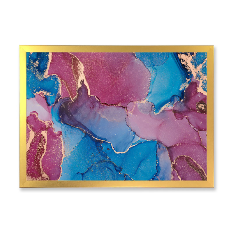 Bleu et mauve luxueux abstrait fluide - Peinture sur toile, H 24 po x l 32 po, Cadre doré à coins fermés