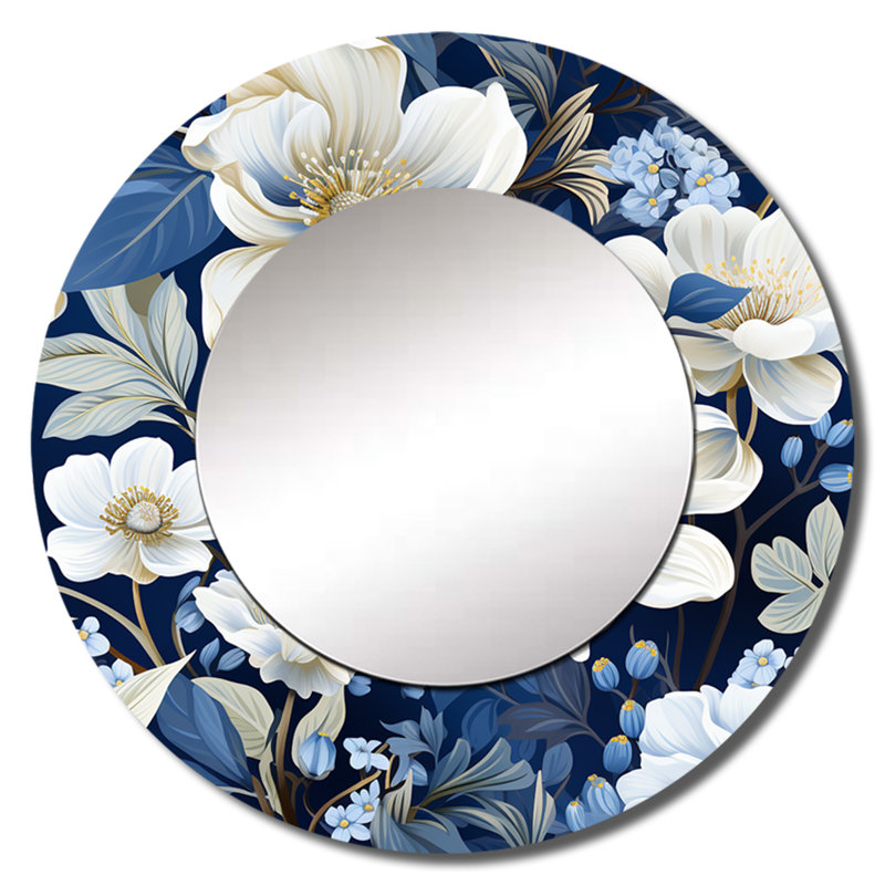 Rubena Icy Blue Snowy White Flowers Scenery - miroir mural floral, miroir décoratif rond bleu, impression d'art en métal