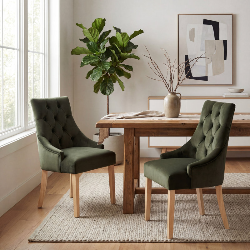 Ensemble de 2 chaises de salle à manger en velours capitonné vert avec pieds en bois massif Élégantes chaises d'appoint rembourrées de style Parsons pour la cuisine, la salle à manger et le salon