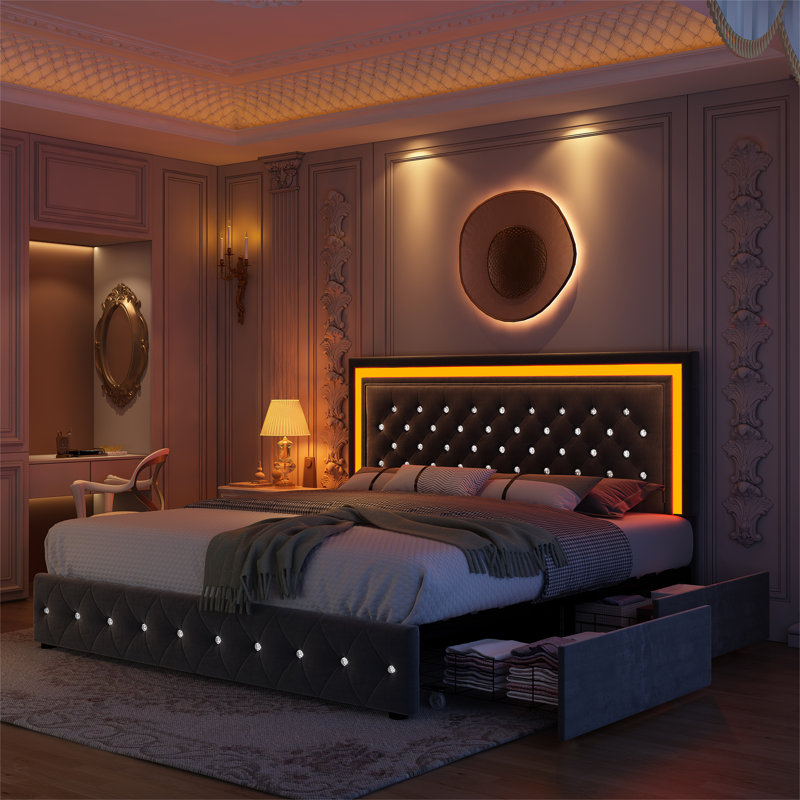 Jalna LED Lighted Upholstered Bed Frame with Bluetooth Sync Lights, Adjustable Headboard & 4 Storage Drawers, No Box Spring Needed, Easy Assembly,