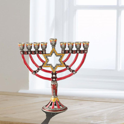 Hanukkah Set - Hand Painted Enamel Menorah W/ Star Of David Design & 2 Qty Of Hand-Painted Spinning Dreidels, Holiday Ornaments By Matashi