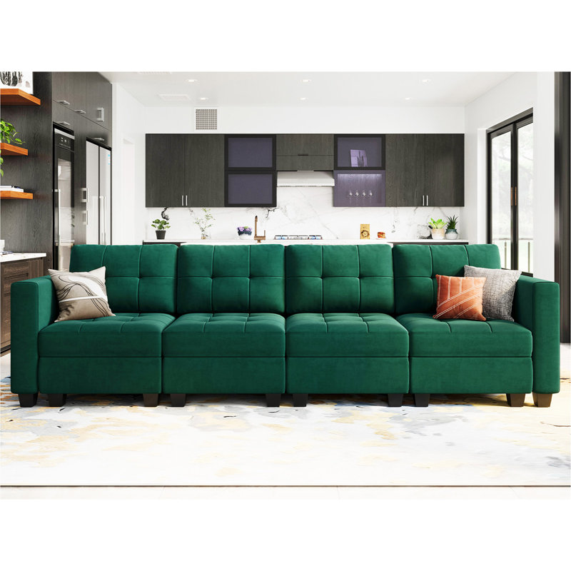 Buckleton Modern Modular Velvet 4 Seat Sofa Convertible Couch with Tufted Cushions and Storage, Green Velvet